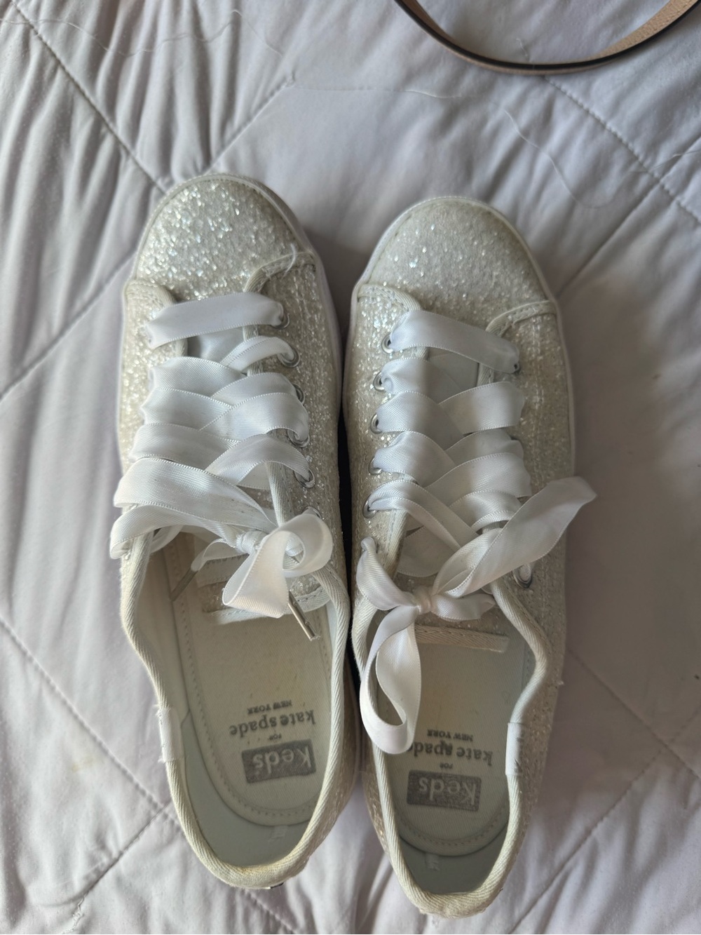 kate spade White Glitter Sneakers with Satin Ribbon